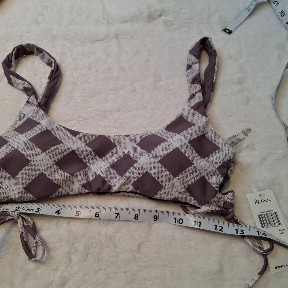Raisins Bikini Top Bralette Swim Sz L Plaid Demi Cups Adjustable Preppy Boho NWT